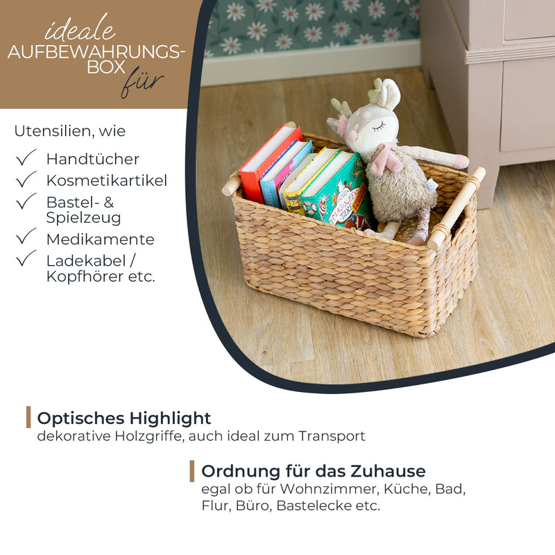 HMF 37279-37CM Aufbewahrungskorb Badezimmer, Korb geflochten aus Wasserhyazinthe mit Holzgriffen