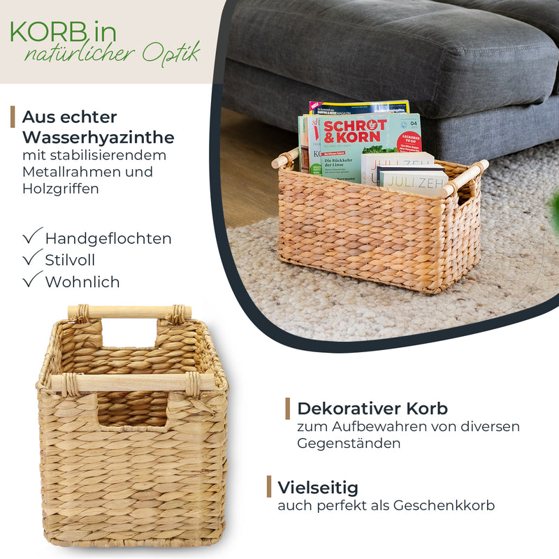 Aufbewahrungskorb geflochten aus Wasserhyazinthe, dekorativer Korb mit Holzgriffen zur Aufbewahrung für Badezimmer, Wohnzimmer, Küche, HMF 37279