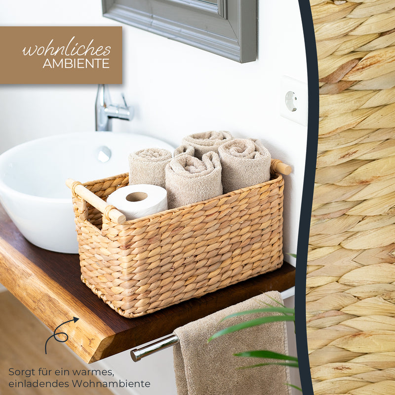 Aufbewahrungskorb Badezimmer aus Wasserhyazinthe mit Holzgriffen