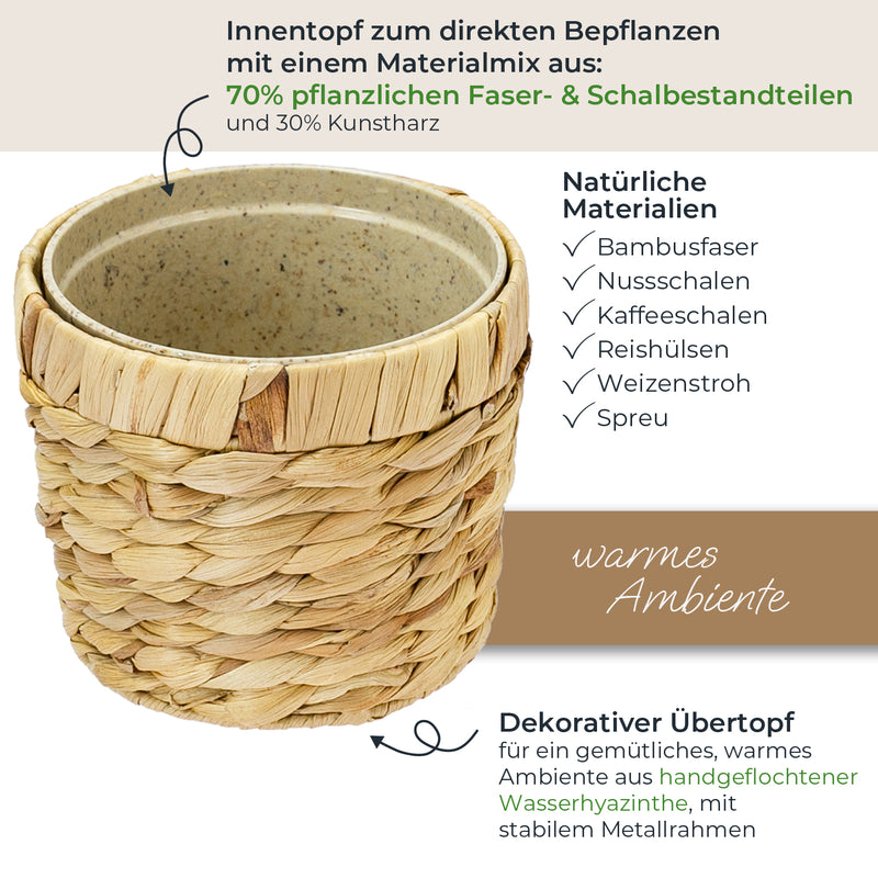 HMF 37280-14CM-S2 Nachhaltiger Blumentopf rund geflochten aus nachwachsenden Rohstoffen 2er Set 14 cm Durchmesser