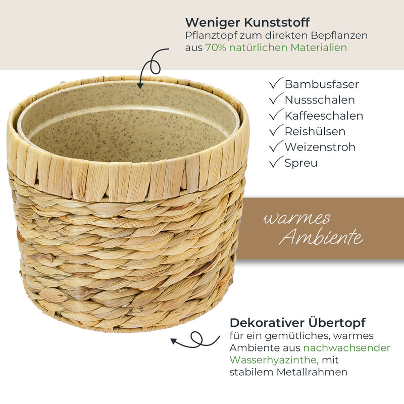 HMF 37280-19CM-S2 Nachhaltiger Blumentopf rund geflochten aus nachwachsenden Rohstoffen 2er Set 19 cm Durchmesser
