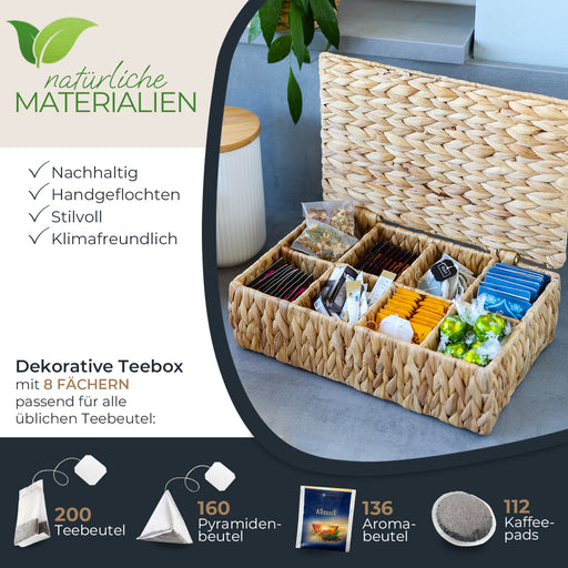 Eckige Teebox von HMF mit 8 Fächern, geflochten aus Wasserhyazinthe, in der Größe 33 x 21 x 10 cm