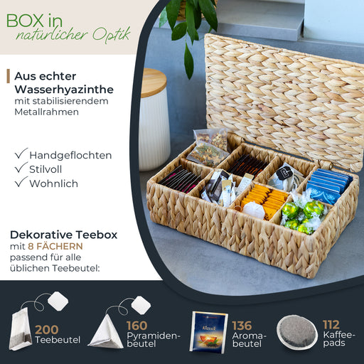 Eckige Teebox von HMF mit 8 Fächern, geflochten aus Wasserhyazinthe, in der Größe 33 x 21 x 10 cm