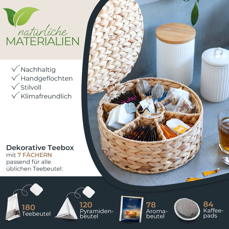 HMF 37291 Teebox für Teebeutel geflochten aus Seegras oder Wasserhyazinthe, Tee Aufbewahrungsbox mit 7 großen Fächern ,27 x 27 x 11 cm