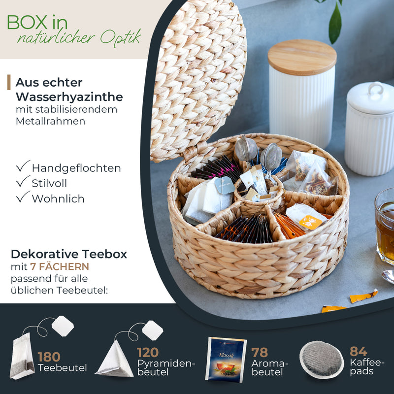 HMF 37291 Teebox für Teebeutel geflochten aus Seegras oder Wasserhyazinthe, Tee Aufbewahrungsbox mit 7 großen Fächern ,27 x 27 x 11 cm