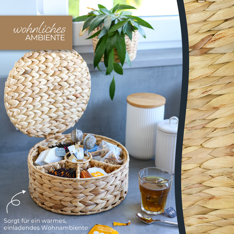 HMF 37291 Teebox für Teebeutel geflochten aus Seegras oder Wasserhyazinthe, Tee Aufbewahrungsbox mit 7 großen Fächern ,27 x 27 x 11 cm