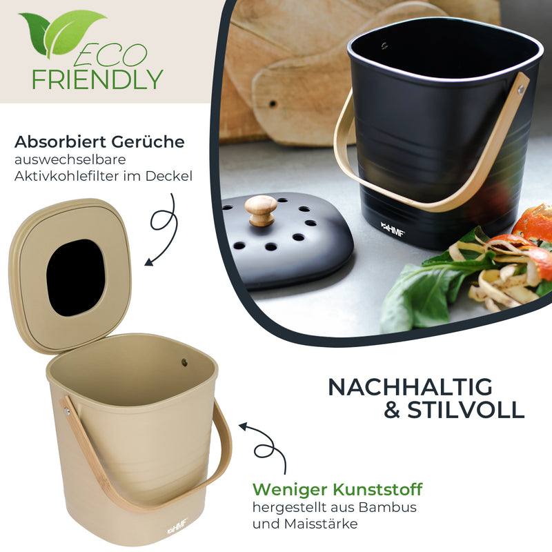 Geruchsdichter und nachhaltiger Biomülleimer von HMF für 3 Liter in Beige