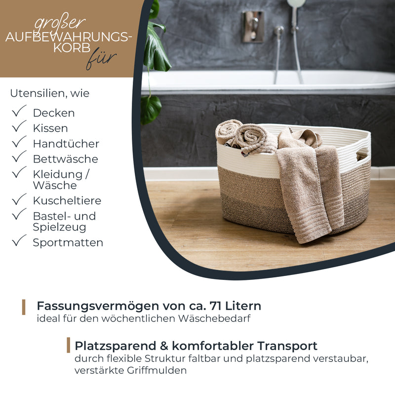 HMF XXL Wäschekorb aus Baumwolle mit Griffen in Weiß-Braun