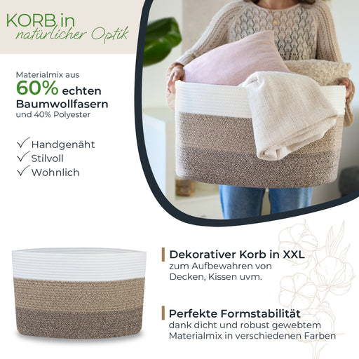 XXL Wäschekorb aus Baumwolle mit Griffen 55 x 43 x 30 cm in Weiß-Braun