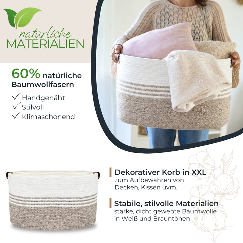 HMF XXL Wäschekorb aus Baumwolle mit Griffen in Weiß-Braun