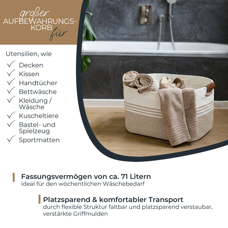 HMF XXL Wäschekorb aus Baumwolle mit Griffen in Weiß-Braun