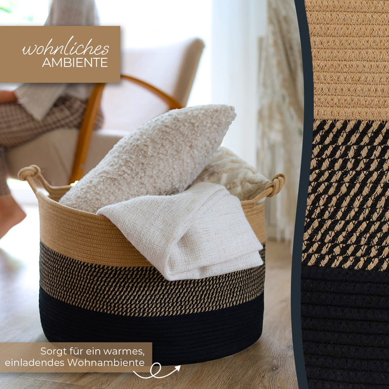 Aufbewahrungskorb mit verlängerten Griffen, runder Korb aus Baumwolle, Schwarz-Honig