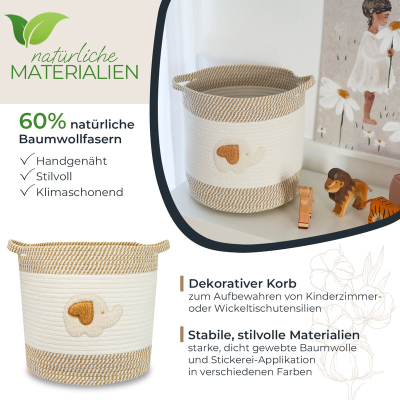 HMF Aufbewahrungskorb mit Griffen für Kinderzimmer aus Baumwolle mit Elefantenmotiv