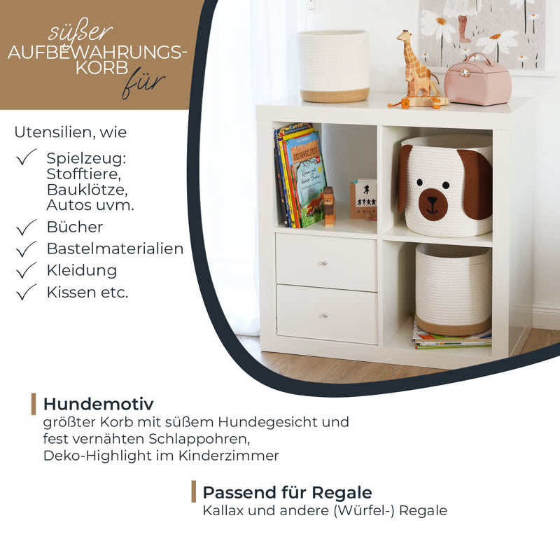 HMF 39022 Aufbewahrungskorb mit versteckten Griffen, 3er Set, Korb für Kinderzimmer aus Baumwolle , Groß, Mittel, Klein