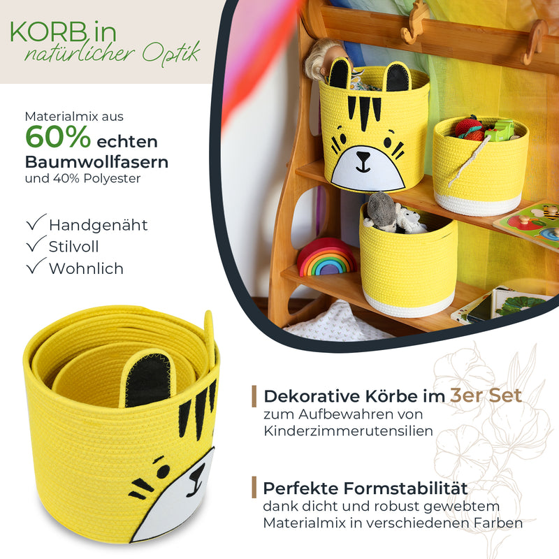 HMF 39022 Aufbewahrungskorb mit versteckten Griffen, 3er Set, Korb für Kinderzimmer aus Baumwolle , Groß, Mittel, Klein