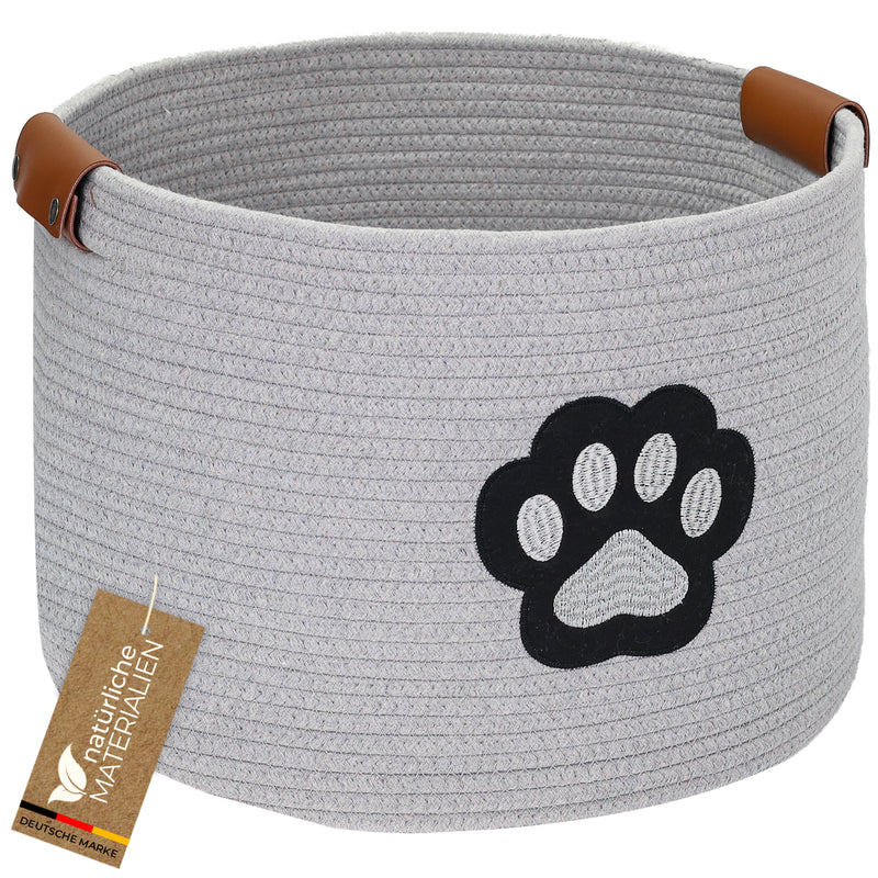 Aufbewahrungskorb für Hundezubehör, runder Korb aus Baumwolle mit Kunstledergriffen, Hundepfoten-Motiv, HMF 39025, 45 x 30 cm