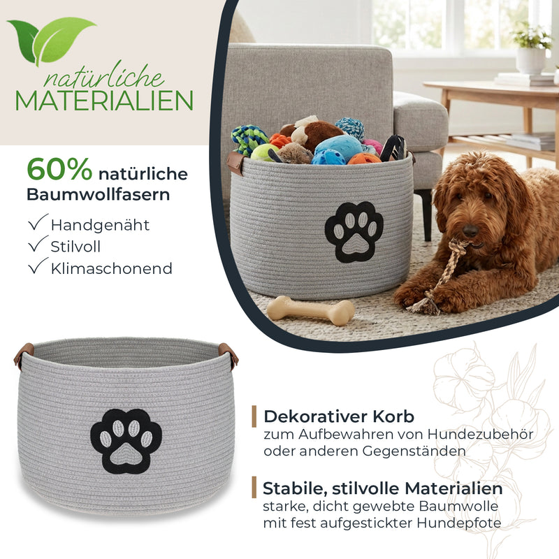 Aufbewahrungskorb für Hundezubehör, runder Korb aus Baumwolle mit Kunstledergriffen, Hundepfoten-Motiv, HMF 39025, 45 x 30 cm