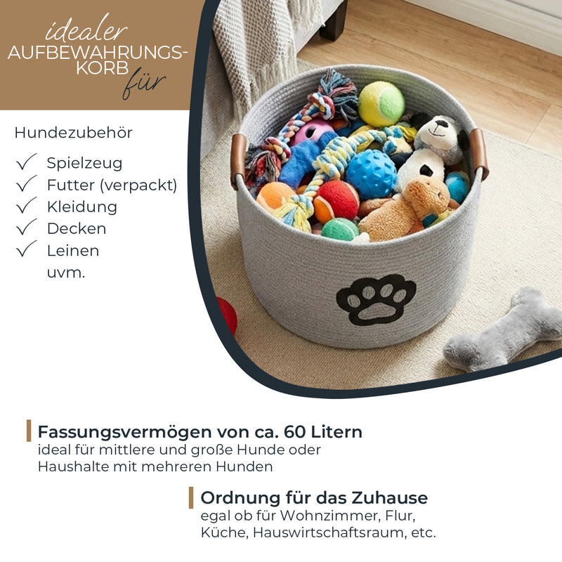 Aufbewahrungskorb für Hundezubehör, runder Korb aus Baumwolle mit Kunstledergriffen, Hundepfoten-Motiv, HMF 39025, 45 x 30 cm