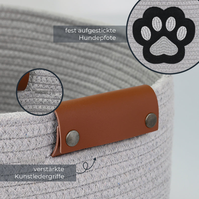Aufbewahrungskorb für Hundezubehör, runder Korb aus Baumwolle mit Kunstledergriffen, Hundepfoten-Motiv, HMF 39025, 45 x 30 cm