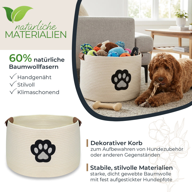 Aufbewahrungskorb für Hundezubehör, runder Korb aus Baumwolle mit Kunstledergriffen, Hundepfoten-Motiv, HMF 39025, 45 x 30 cm