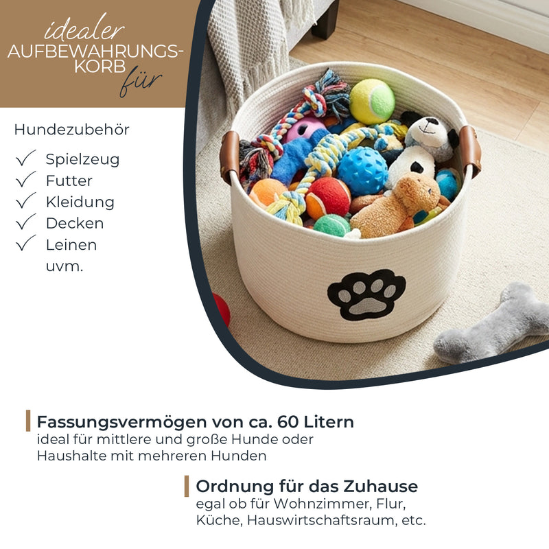 Aufbewahrungskorb für Hundezubehör, runder Korb aus Baumwolle mit Kunstledergriffen, Hundepfoten-Motiv, HMF 39025, 45 x 30 cm