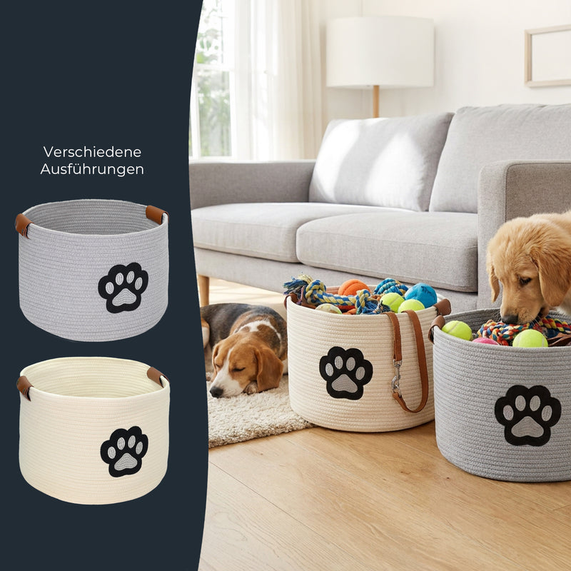 Aufbewahrungskorb für Hundezubehör, runder Korb aus Baumwolle mit Kunstledergriffen, Hundepfoten-Motiv, HMF 39025, 45 x 30 cm