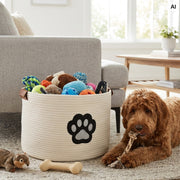 Aufbewahrungskorb für Hundezubehör, runder Korb aus Baumwolle mit Kunstledergriffen, Hundepfoten-Motiv, 45 x 30 cm, Beige-Vanillegelb