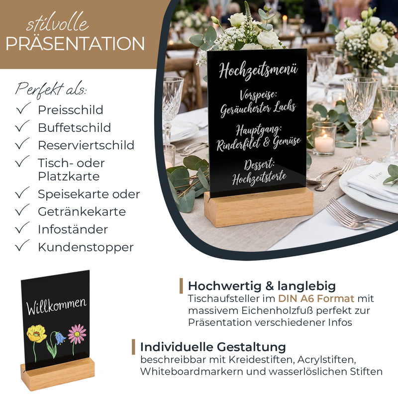 Kreidetafel mit Holzfuß als Tischaufsteller von HMF in DIN A6 Hochformat in Schwarz