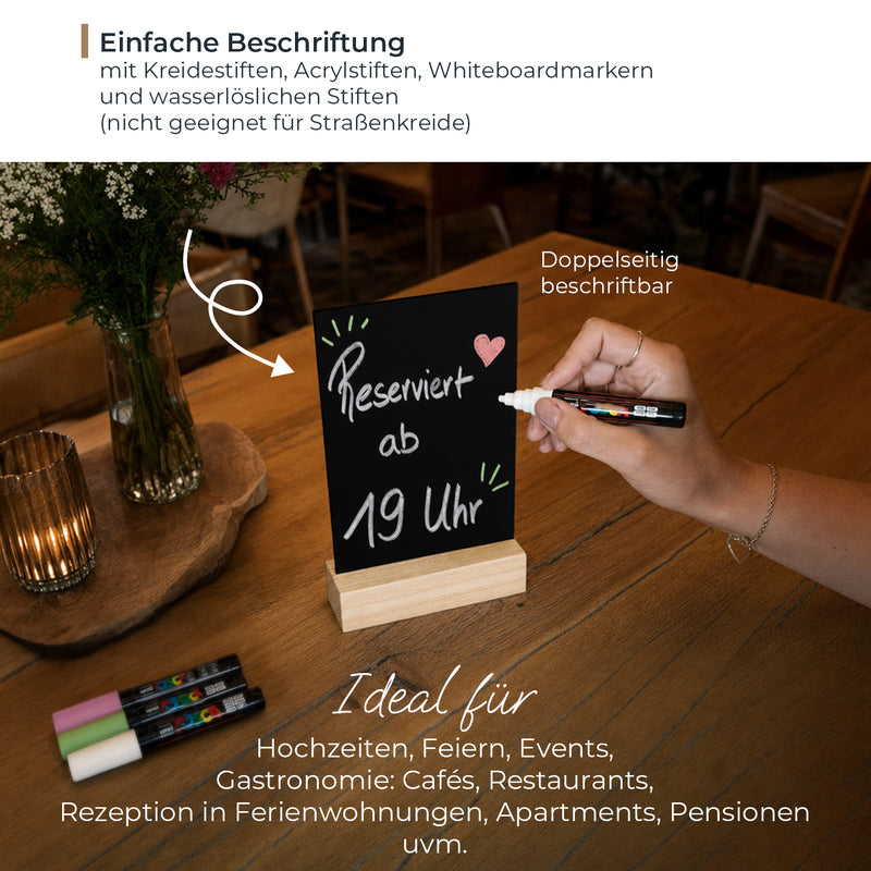 Kreidetafel mit Holzfuß als Tischaufsteller von HMF in DIN A6 Hochformat in Schwarz