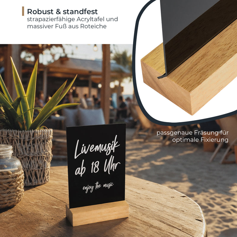 Kreidetafel mit Holzfuß als Tischaufsteller von HMF in DIN A6 Hochformat in Schwarz