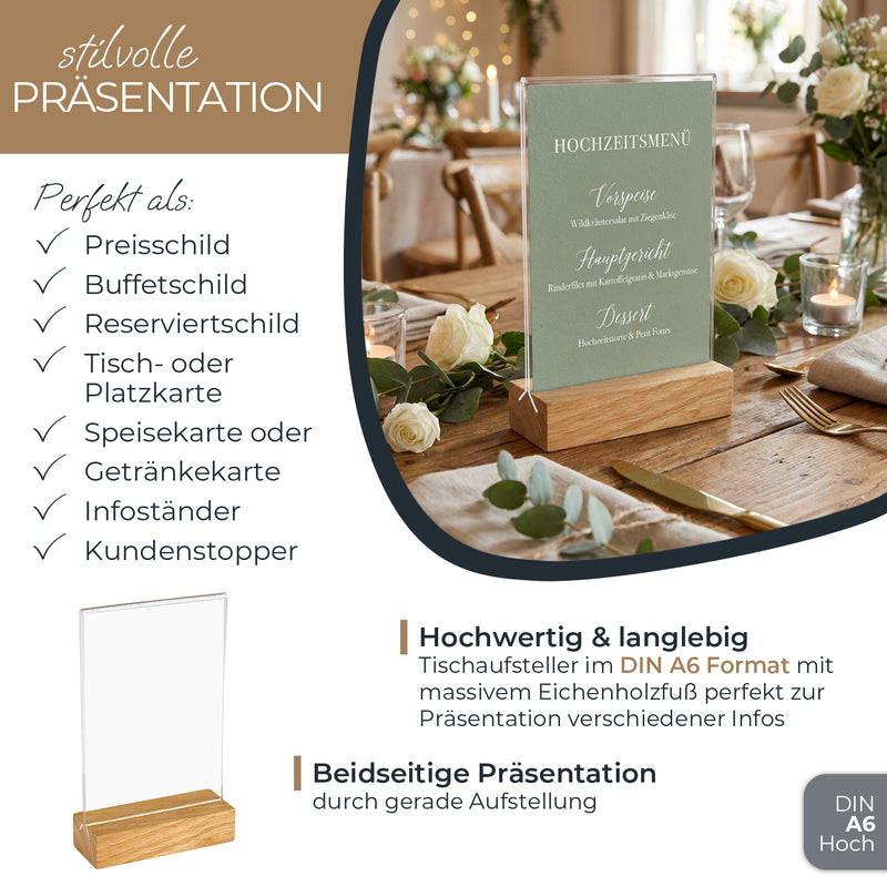 Tischaufsteller mit Holzfuß, Menükartenhalter, HMF 4694, DIN A4 A5 A6, Hoch- Quer