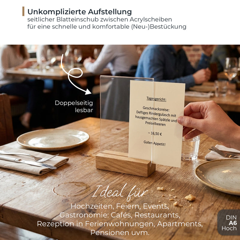 Tischaufsteller mit Holzfuß, Menükartenhalter, HMF 4694, DIN A4 A5 A6, Hoch- Quer