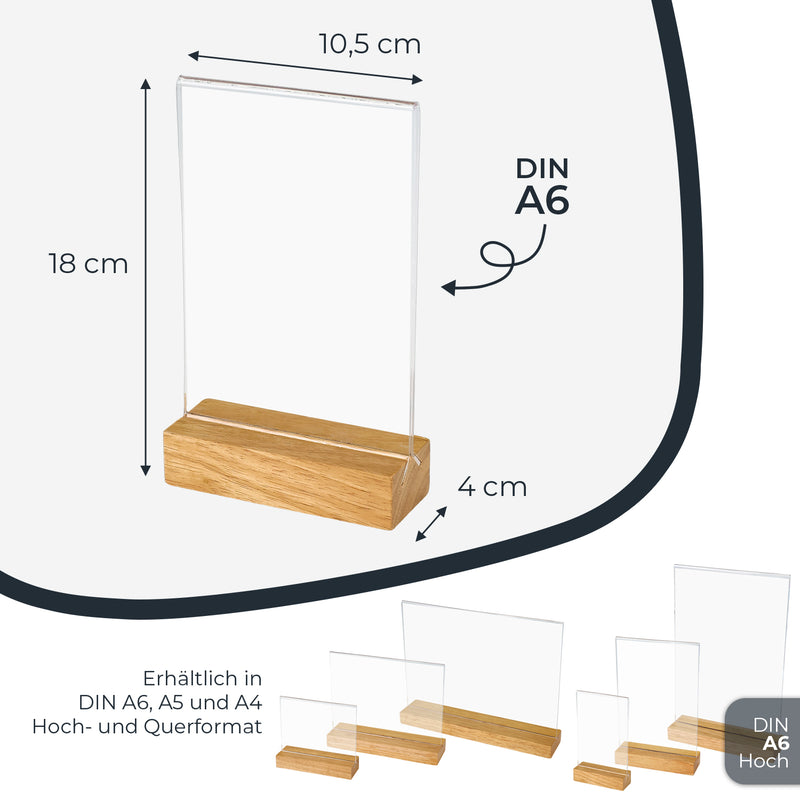 Tischaufsteller mit Holzfuß, Menükartenhalter, HMF 4694, DIN A4 A5 A6, Hoch- Quer