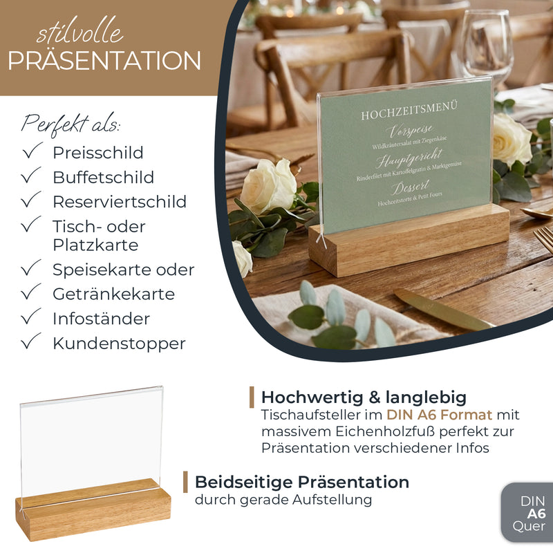 Tischaufsteller mit Holzfuß, Menükartenhalter, HMF 4694, DIN A4 A5 A6, Hoch- Quer