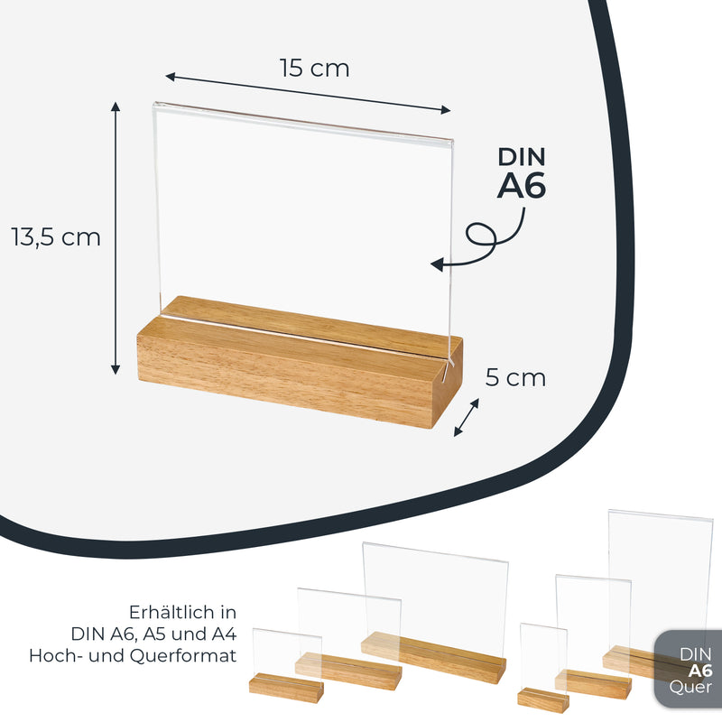 Tischaufsteller mit Holzfuß, Menükartenhalter, HMF 4694, DIN A4 A5 A6, Hoch- Quer