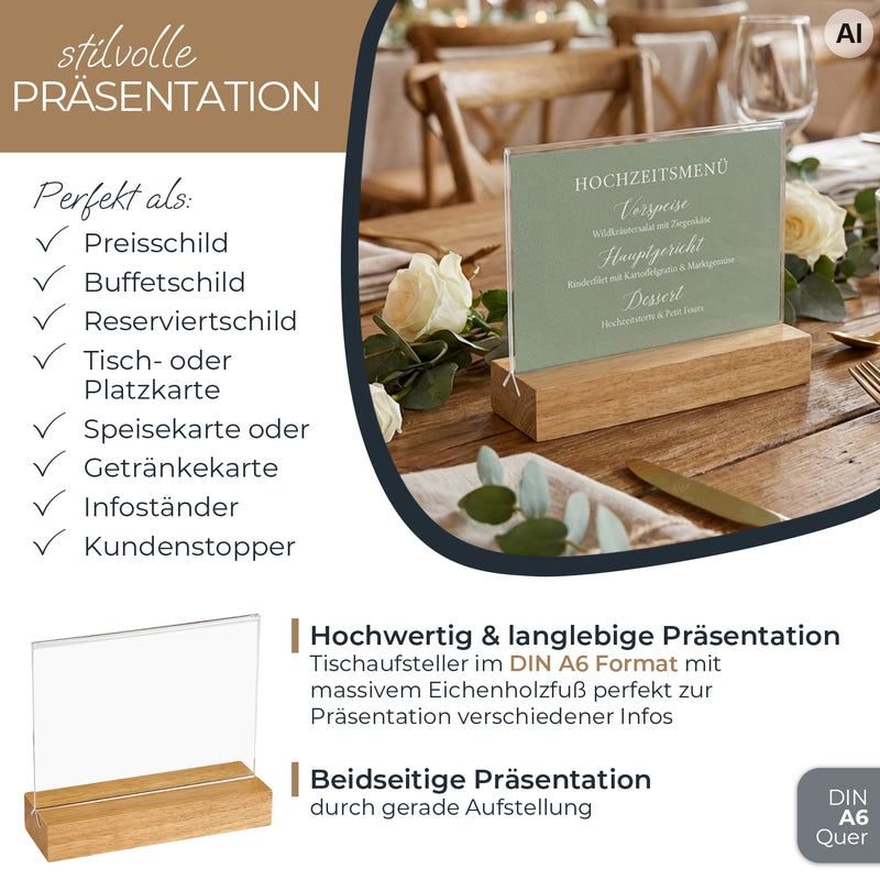 Tischaufsteller mit Holzfuß, Menükartenhalter, HMF 4694, DIN A4 A5 A6, Hoch- Quer