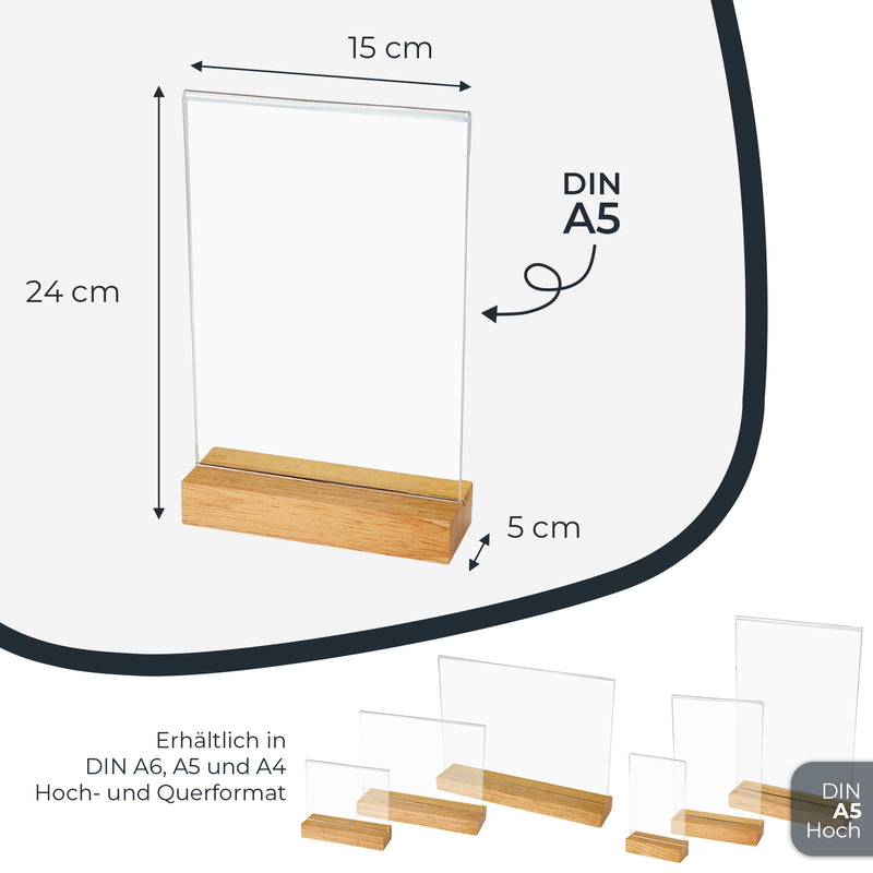 Tischaufsteller mit Holzfuß, Menükartenhalter, HMF 4694, DIN A4 A5 A6, Hoch- Quer