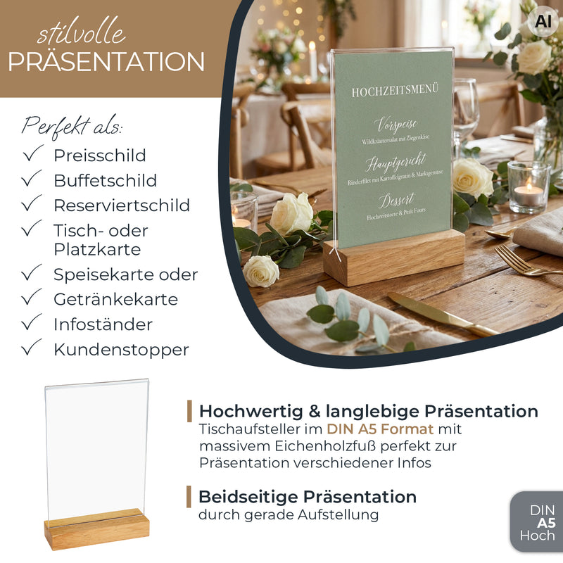 Tischaufsteller mit Holzfuß, Menükartenhalter, HMF 4694, DIN A4 A5 A6, Hoch- Quer