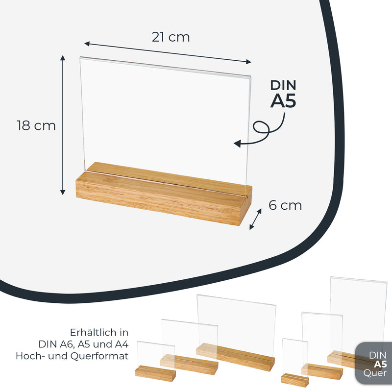 Tischaufsteller mit Holzfuß aus Acryl im Querformat von HMF in DIN A5
