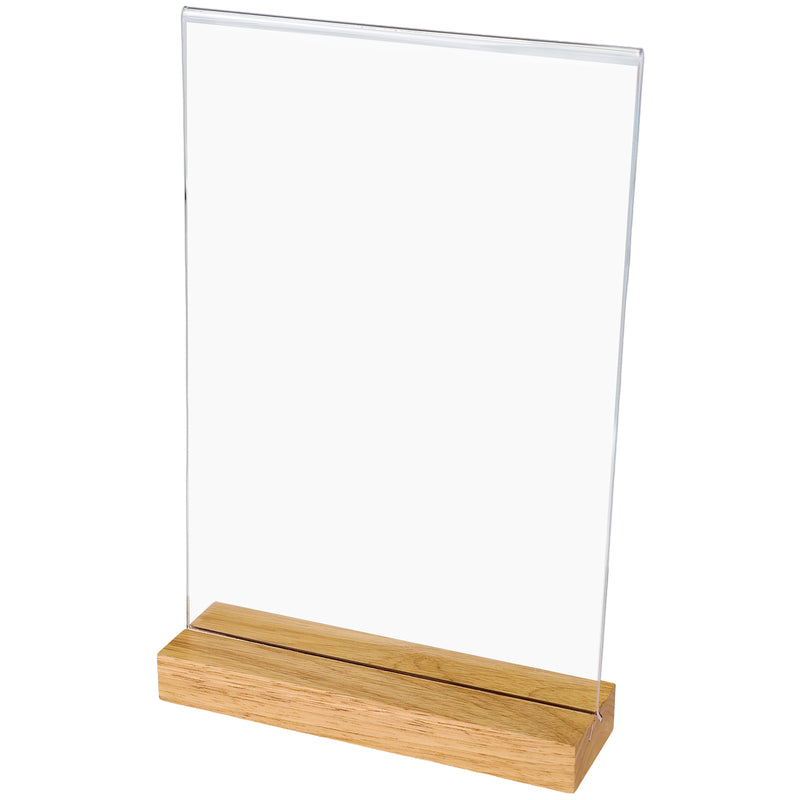 Tischaufsteller mit Holzfuß aus Acryl im Hochformat von HMF in DIN A4