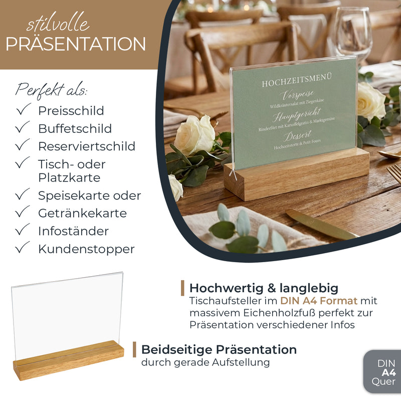 Tischaufsteller mit Holzfuß aus Acryl im Hochformat von HMF in DIN A4