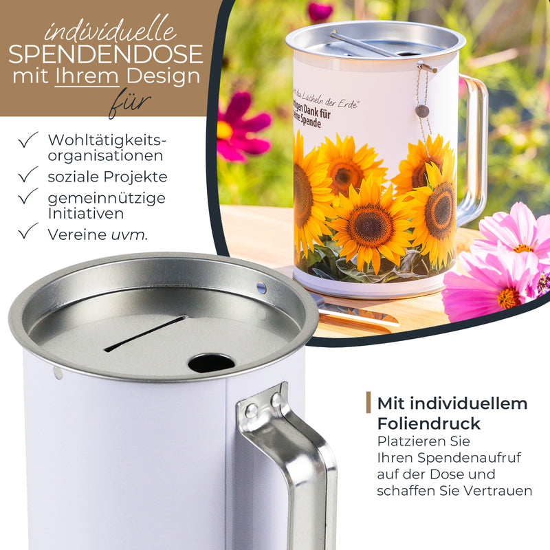 Spendendose mit Griff und individuelle Klebefolie von HMF mit den Maßen 14.5 x 10 cm in Lichtgrau
