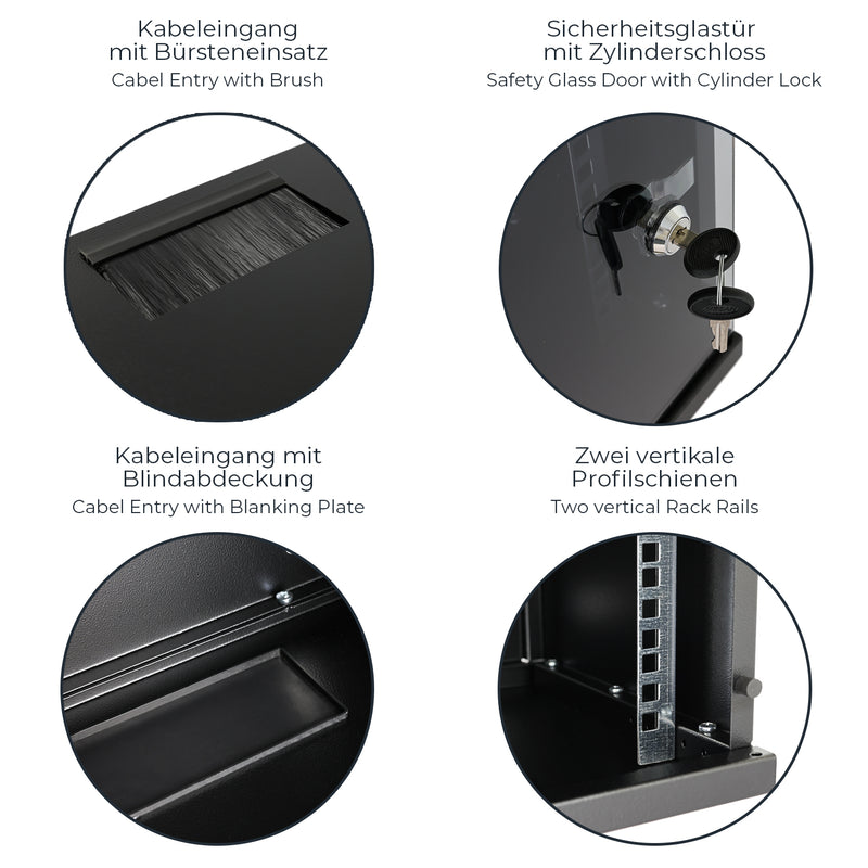 HMF Netzwerkschrank Serverschrank 10 Zoll 12 HE 300 mm Tiefe Voll montiert Glastür Schwarz