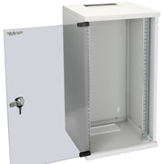 HMF Netzwerkschrank Serverschrank 10 Zoll 12 HE 300 mm Tiefe Voll montiert Glastür Lichtgrau