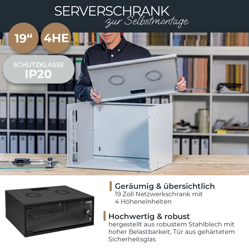 Unmontierter 19 Zoll Serverschrank von HMF mit 4 Höheneinheiten in Schwarz