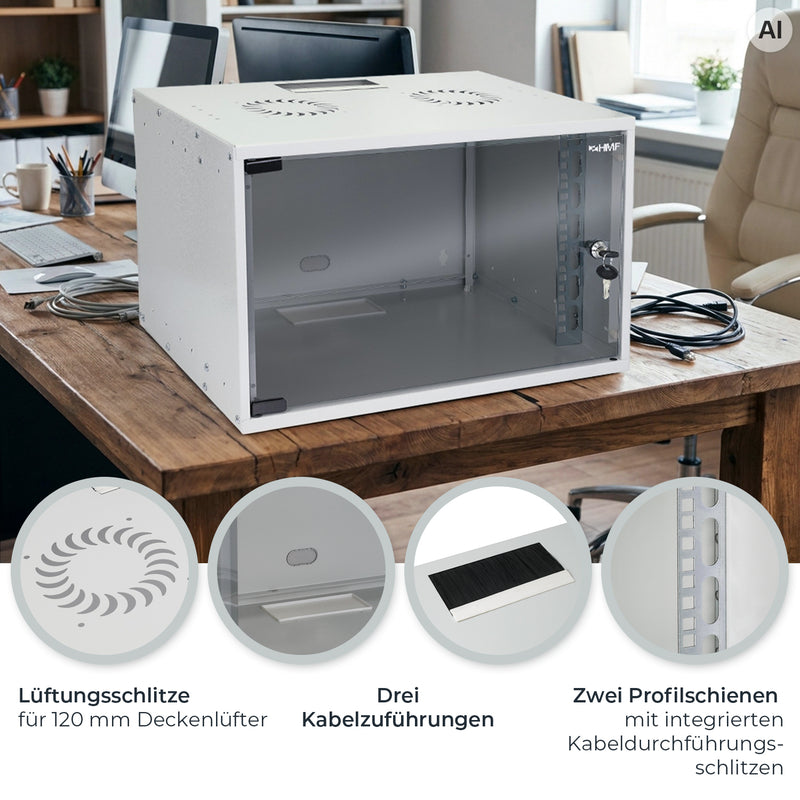 Unmontierter 19 Zoll Serverschrank von HMF mit 7 Höheneinheiten in Lichtgrau