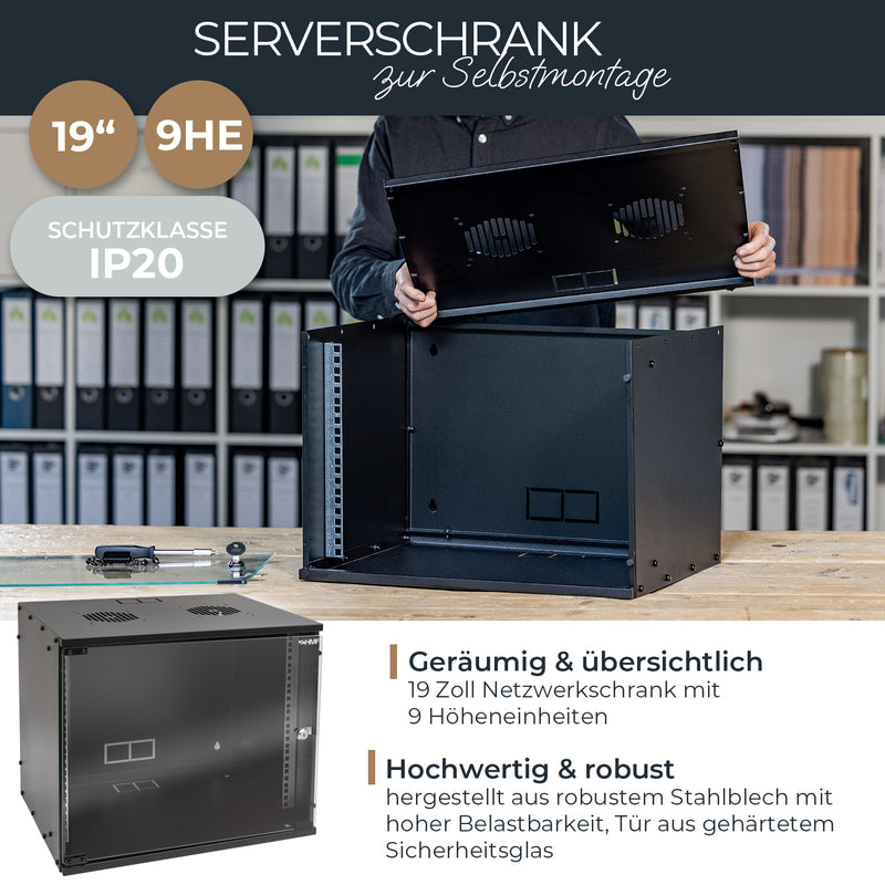 Unmontierter 19 Zoll Serverschrank von HMF mit 9 Höheneinheiten in Schwarz