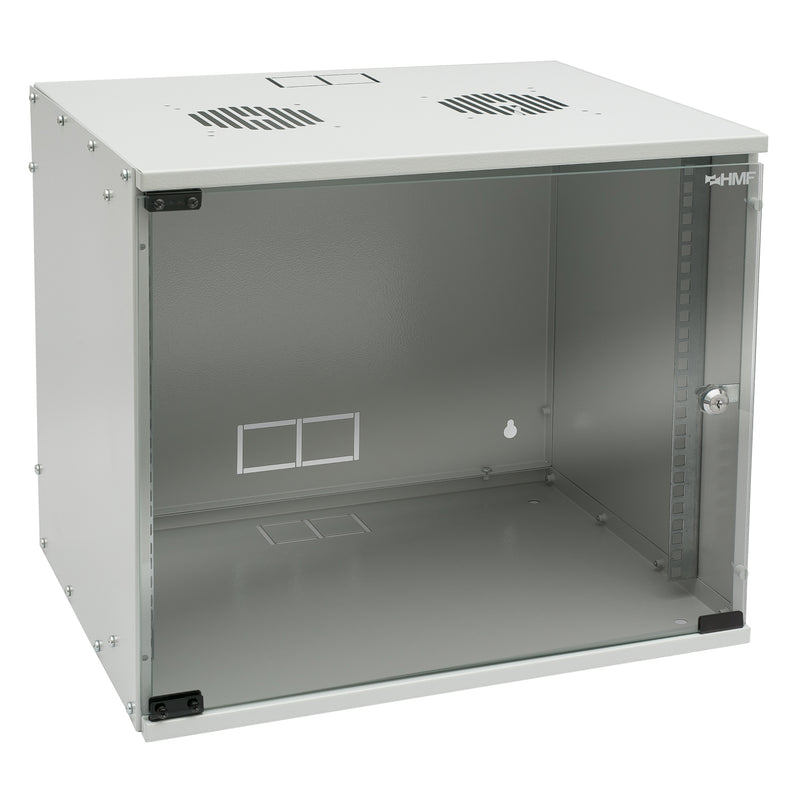 Unmontierter 19 Zoll Serverschrank von HMF mit 9 Höheneinheiten in Lichtgrau