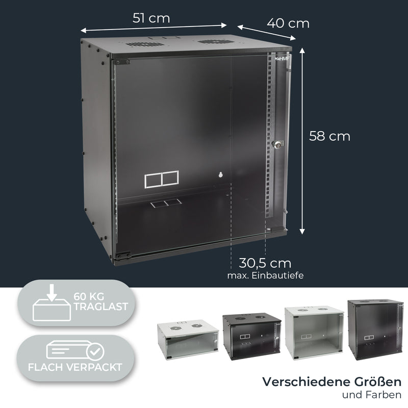 Unmontierter 19 Zoll Serverschrank von HMF mit 12 Höheneinheiten in Schwarz