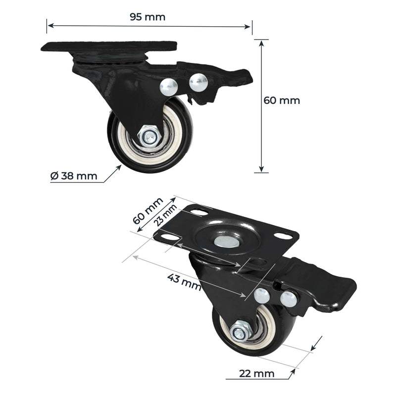Schwerlastrollen aus Polyurethan mit Bremse 4er Set HMF 6710 38 mm Schwarz Maße